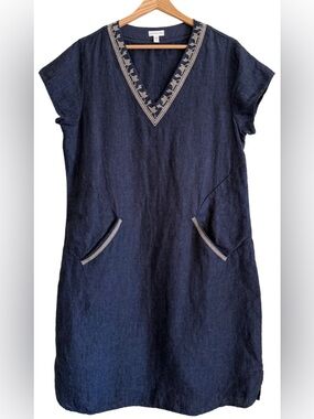 GARNET HILL 100% Linen Boho Lagenlook Minimalist Embroidered Sheath Dress Sz 12